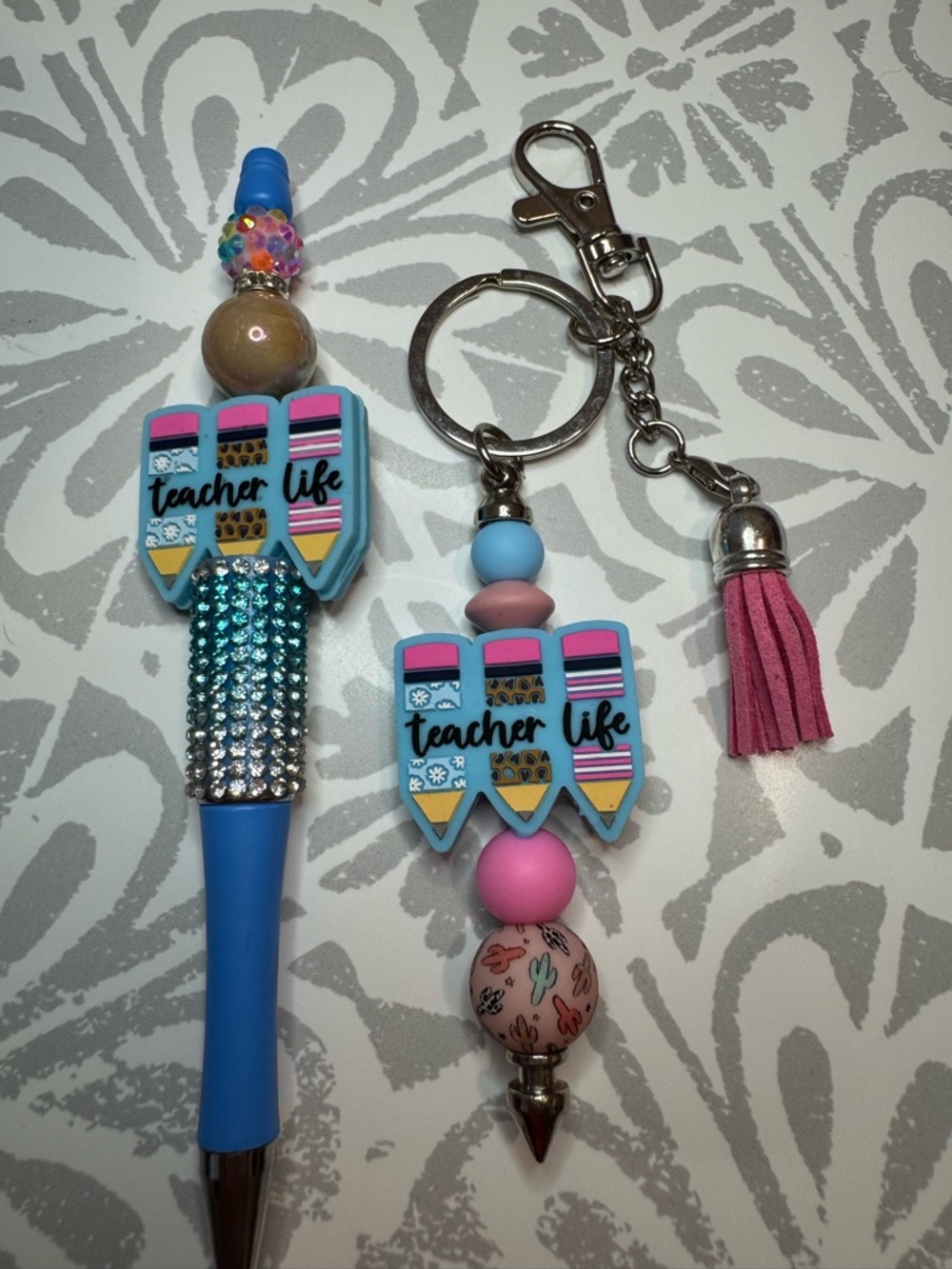 Teacher Life Blue & Pink Pencil Charm Keychain and Pen Set